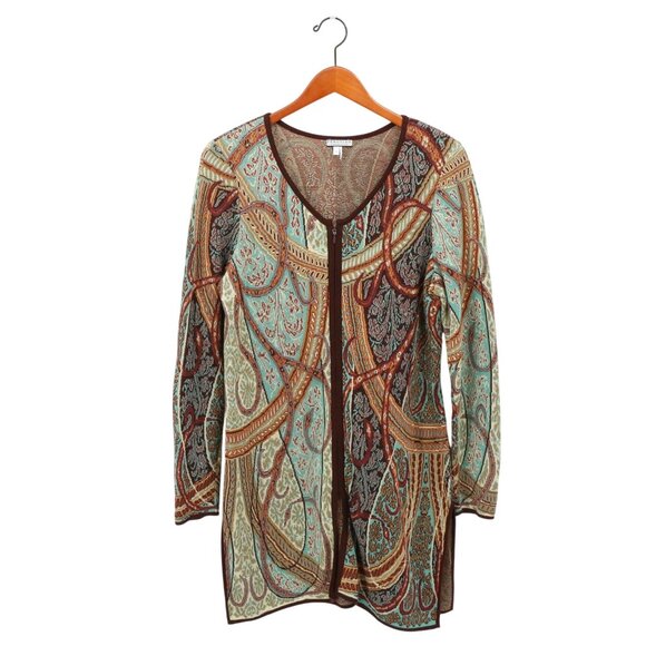 Peruvian Connection Zip Front Paisley Longline Pima Cotton Cardigan Sweater M - Picture 3 of 6